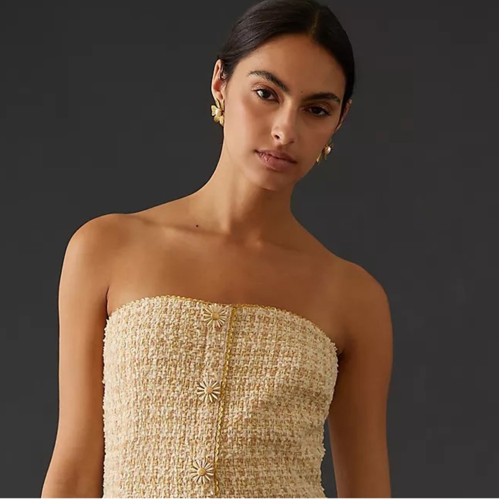 Eva Franco Strapless Tweed Mini Dress with Floral Buttons - Picture 9 of 16